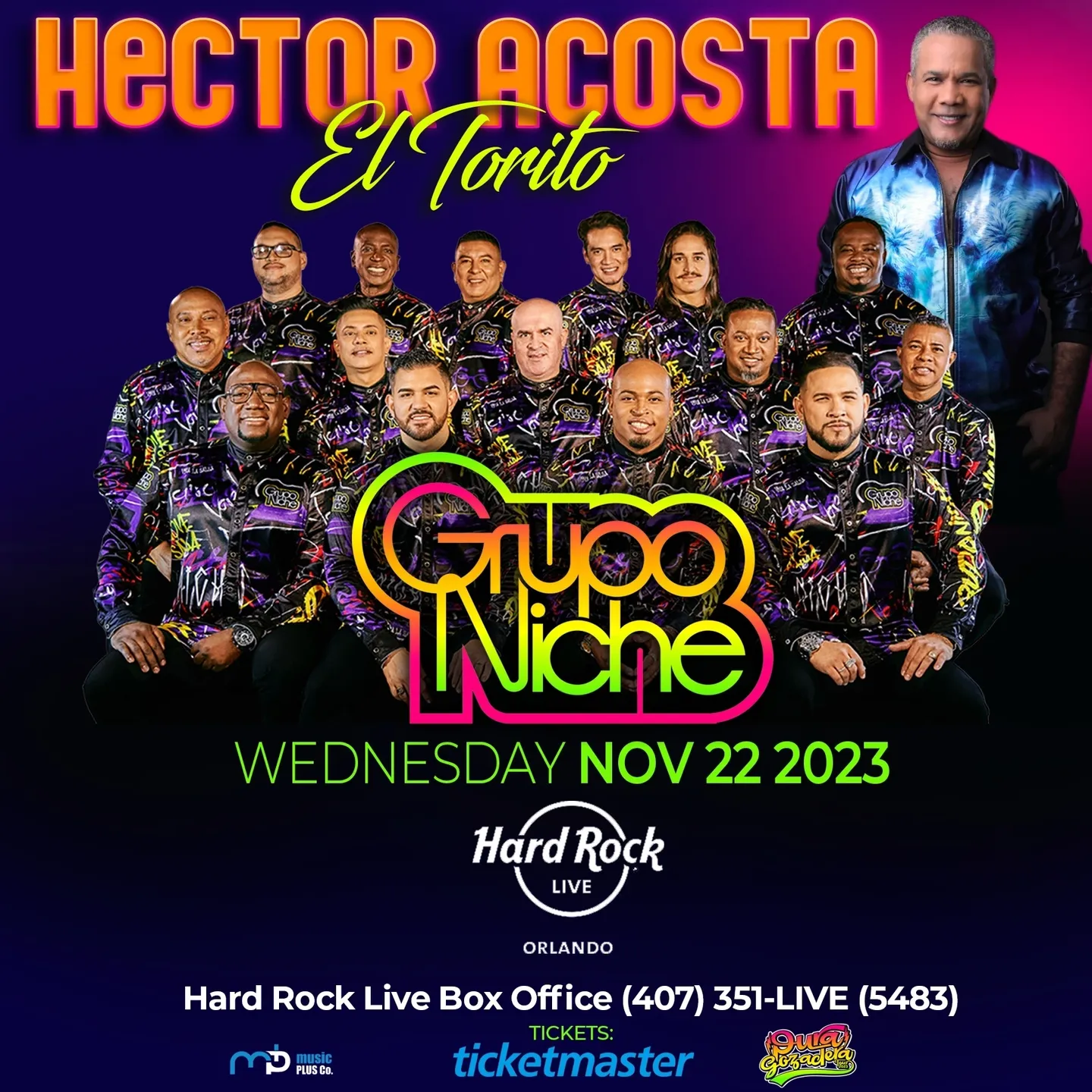 A poster of hector acosta and his band grupo niche.